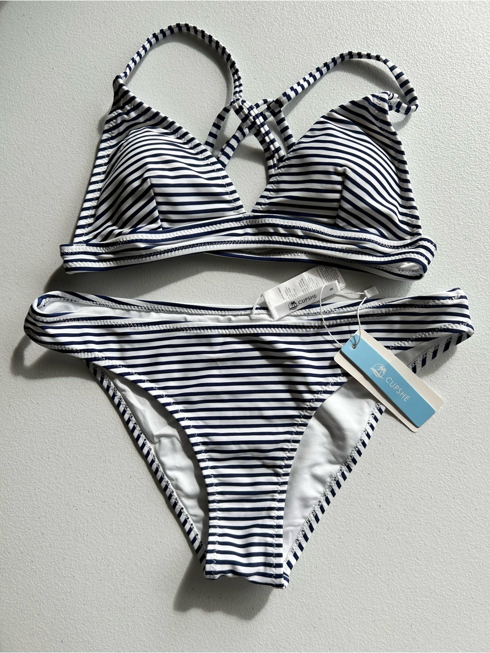 NWT Cupshe Navy & White Striped  Strappy Back Bikini Set - Small